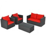 THM Miami 4 pc Rattan delux Conversation set – Brown wicker with Red or Cream fabric