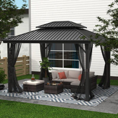THM Ibiza Hard Top Aluminum Frame, Double Roof Top 12’L x 10’W Gazebo | Sun Shelter And Mosquito Netting